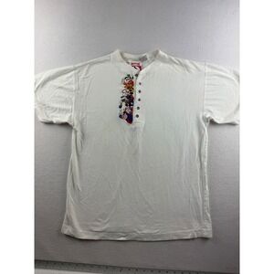 Vintage Mickey Inc White Henley Shirt Embroidered Disney Characters S/M Cotton